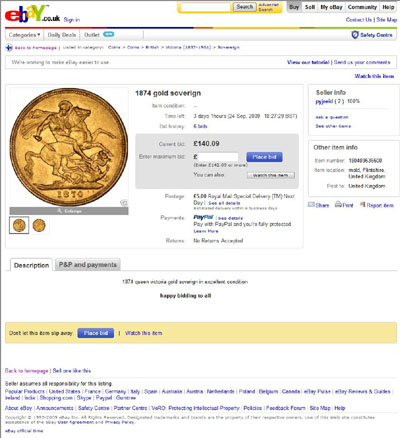 pyjreid 1874 gold soverign eBay Auction Listing